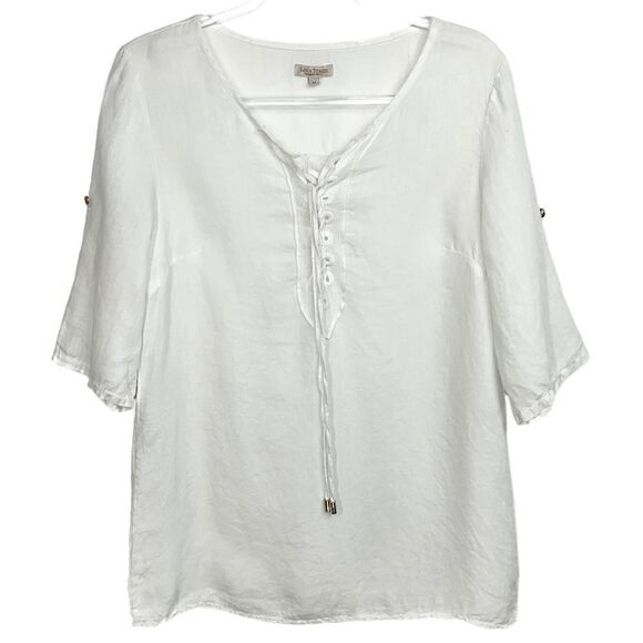 Lina Tomei White Linen Lace Up 3/4 Sleeve Top Medium - Picture 1 of 6